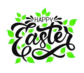 Hand sketched Happy Easter typography lettering poster. Celebration quote isolated on white background for postcard, icon, logo, badge. Spring celebration vector calligraphy text with colorful leaves.