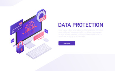 Fototapeta na wymiar Data protection 3d isometric template of e-commerce site, home page vector design. Data safety isometric icons, shield, password, lock, credit card, fingerprint, monitor isometric icons