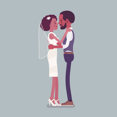 Bride and groom in gentle hug on wedding ceremony. African american man, woman in beautiful dress on traditional celebration, married couple in love. Marriage customs, traditions. Vector illustration