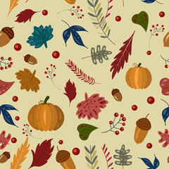 Autumn seamless patern with pumpkin, fall leaves, acorns