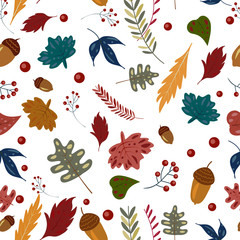 Autumn seamless patern with fall leaves, acorns
