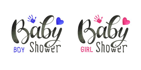 Hand written watercolor text for newborn baby shower party isolated on white background.Boy & girl lettering