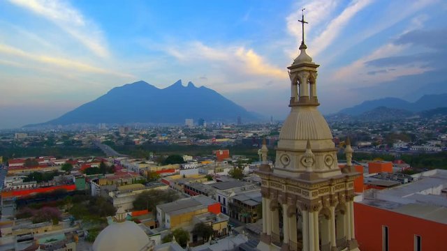 Aerial view of Metropolitan Cathedral of Monterrey and Cerro de la Silla