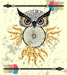 Boho style colored owl with tribal arrows. Bohemian tribal owl with a dream catcher. Totem owl