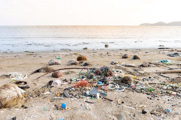 Dirty bech in Thailand, garbage on the beach, environmental problem concept