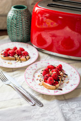Homemade Toasts with Goat Cheese, Raspberries, Balsamic Cream and Pine Nuts