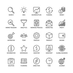 Business line icons money commerce analysis bank contact social media technology logistics search idea income marketing time team investor vector symbols set