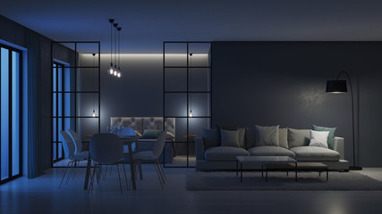 Modern house interior. Bedroom behind glass partitions. Night. Evening lighting. 3D rendering.