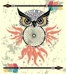 Naklejka premium Patterned owl on the grunge background. African indian totem tattoo design.