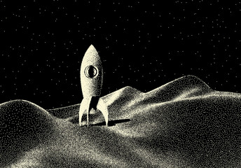 Space landscape with scenic view on planet, rocket and stars made with retro styled dotwork © swillklitch