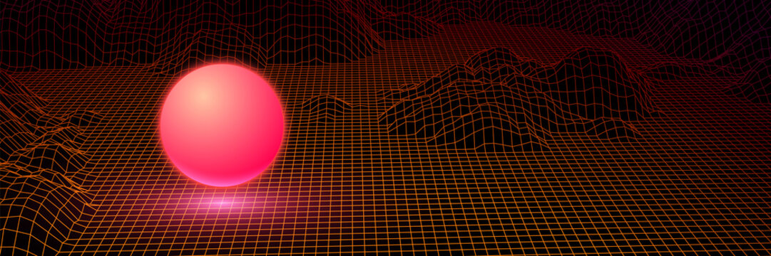 Landscape with wireframe grid of 80s styled retro computer game 