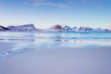 Beautiful landscape on a winter beach in Norway in the Lofoten Islands