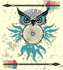 Patterned owl on the grunge background. African indian totem tattoo design.