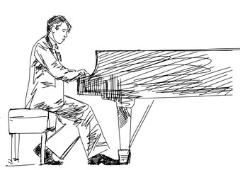 Drawing contour of piano player. Pianist sitting at the grand piano. Classical musician silhouette. Black lines on white background. Vector musical illustration.