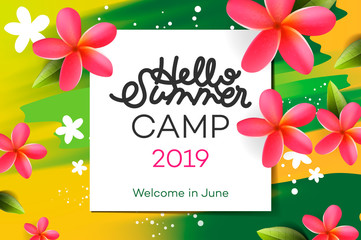 Fototapeta na wymiar Summer camp 2019 handdrawn lettering in square frame on watercolor background with tropical flowers. Vector illustration.