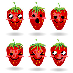 Set of six strawberries with different faces, emotions