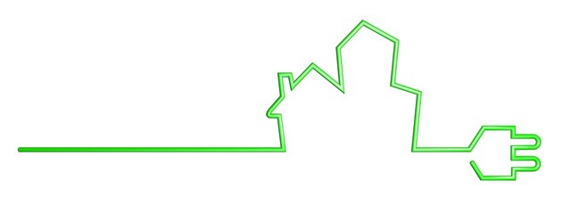 small House and appartment building out of a cable with plug, 3D Illustration