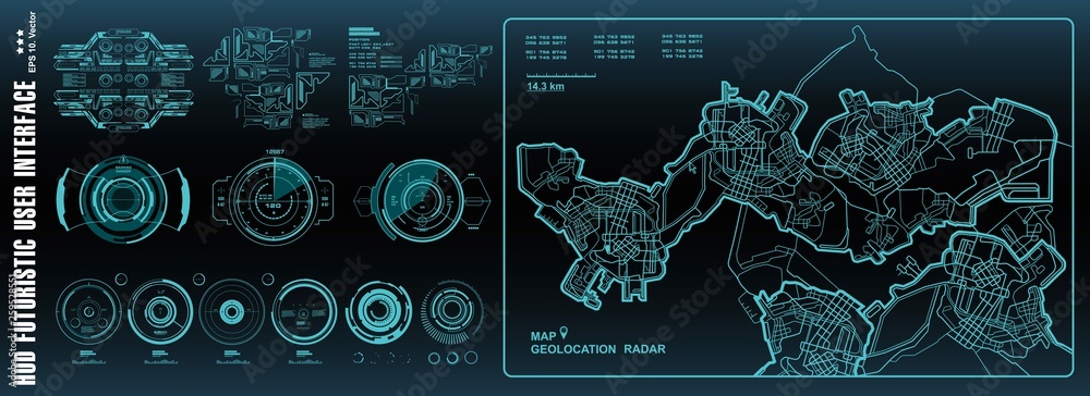 Fototapete Futuristic navigate mapping technology, dashboard GPS map. HUD user interface, virtual reality technology screen.