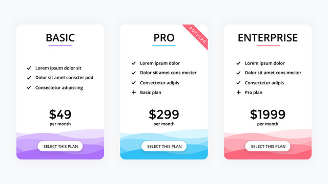 Vector pricing plan banners infographic template. Marketing presentation slide. Business labels concept infographics. 3 options, parts, steps, processes.