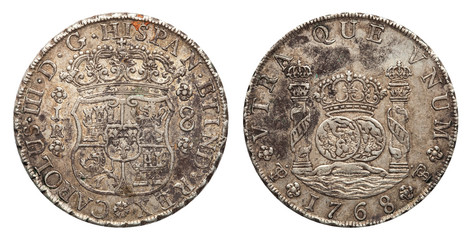 Mexico silver coin 8 real 1768, coat of arms, crown and pillars - obrazy, fototapety, plakaty