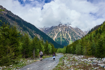 Fototapeta na wymiar Tourists go on a forest mountain road