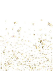 Memphis style geometric confetti vector background of triangle circle square shapes, chevron wavy lines.