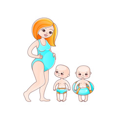 Pregnant mom and twin children bathe in the pool or on the beach. Color vector character illustration of happy mother with her kids on summer vacation