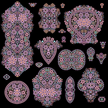 Colorful collection of floral patterns and jewelry. Traditional ethnic symbols for decoration, for clothes. Ornamental template - object isolated. Vector bright print.