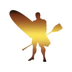 Man posing with surfboard and paddle. Vintage surfing graphic and emblem for web design or print. Stand up paddle boarding