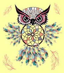 Traditional tattoo owl hold dream catcher symbol