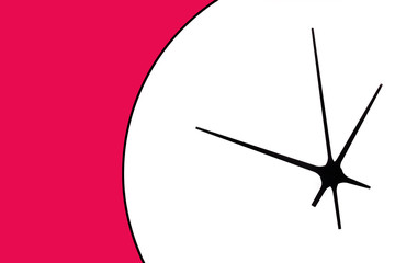 White round clock with black arrows isolated on pink background. Empty copy space time texture.
