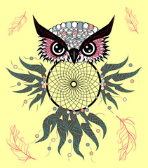 dream catcher with owl. boho style. totem animal.