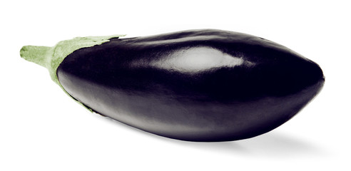 Whole eggplant isolated on white. Close-up. Side view.