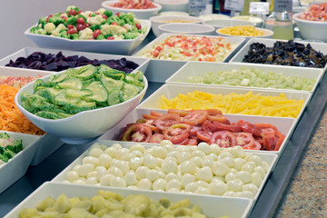 Salad dishes in self-service restaurant in Brazil