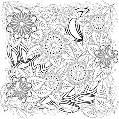 Monochrome Floral Background. Hand Drawn Ornament with Floral Wreath. Template for Greeting Card.