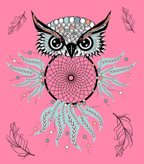 hand drawn Detailed ornate Owl with dream catcher in zentangle style. banner, invitation, card, t-shirt, bag, postcard, poster.