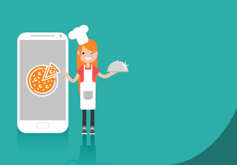 Young character chef standing near smartphone.Food app.Space for your text.Flat cartoon design