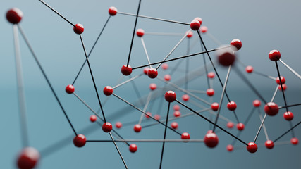 Red spheres on blue background, concept of network. 3D Rendering