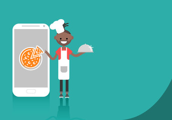 Young character chef standing near smartphone.Food app.Space for your text.Flat cartoon design