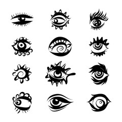 Set of Hand Drawn Different Eyes Icons. Monochrome Supervision and View Symbols Isolated on White Background