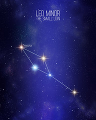 Leo minor the small lion constellation map on a starry space background. Stars relative sizes and color shades based on their spectral type.