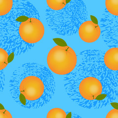 Juicy ripe orange with green leaves. Citrus fruit seamless pattern for printing on fabric.