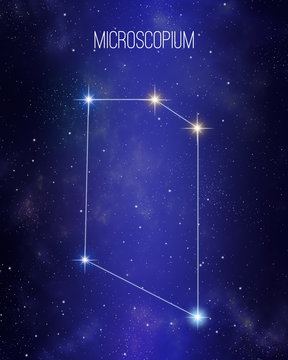 Microscopium the microscope constellation map on a starry space background. Stars relative sizes and color shades based on their spectral type.