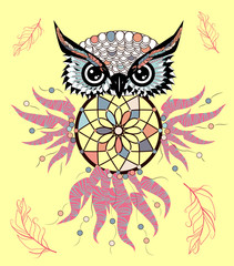 hand drawn Detailed ornate Owl with dream catcher in zentangle style. banner, invitation, card, t-shirt, bag, postcard, poster.