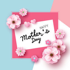 Mother's day card design of pink flowers on color paper background vector illustration