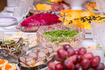 Snacks, fruits, sandwiches, salads, caviar and slicing on the holiday table