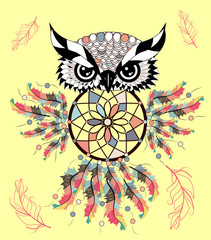 Color cute decorative ornamental Owl fall in love, doodle.