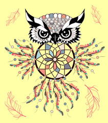 Color cute decorative ornamental Owl fall in love, doodle.