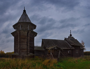 Russia. Karelia. Ancient Orthodox Church on the shore of lake Ladoga, built of wood without a single nail