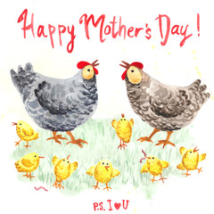 mother hen with chicken greeting card